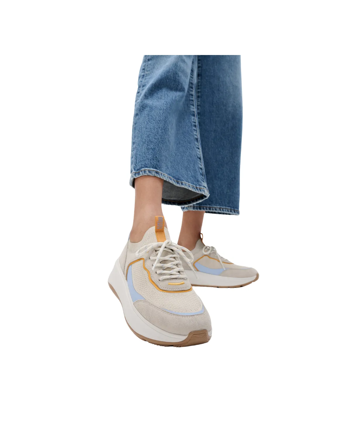 FitFlop F-Mode Suede Knit Flatform Slip On Laced Sneaker Paris Beige Blue