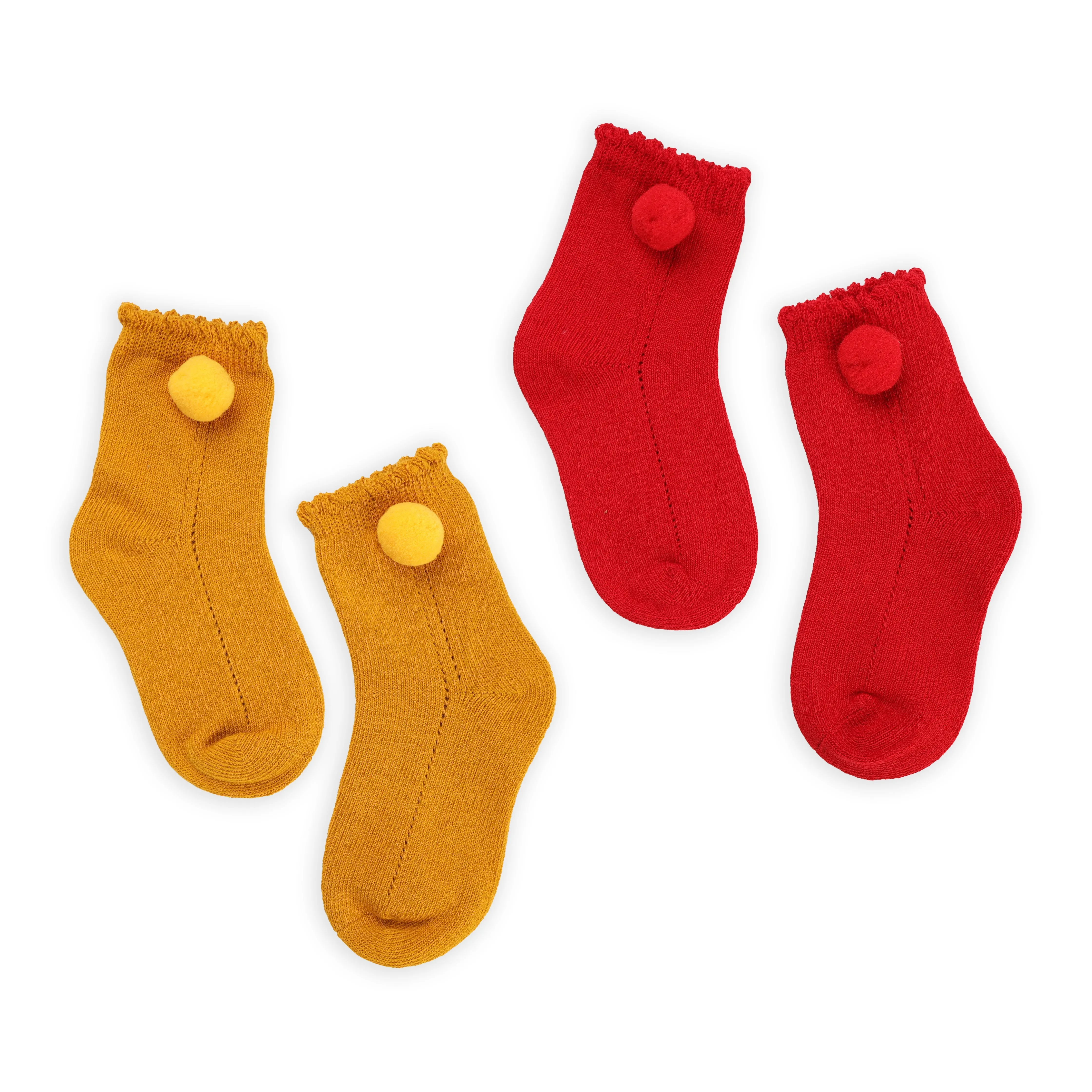 Red & Yellow Pom Pom Socks Pack Of 2